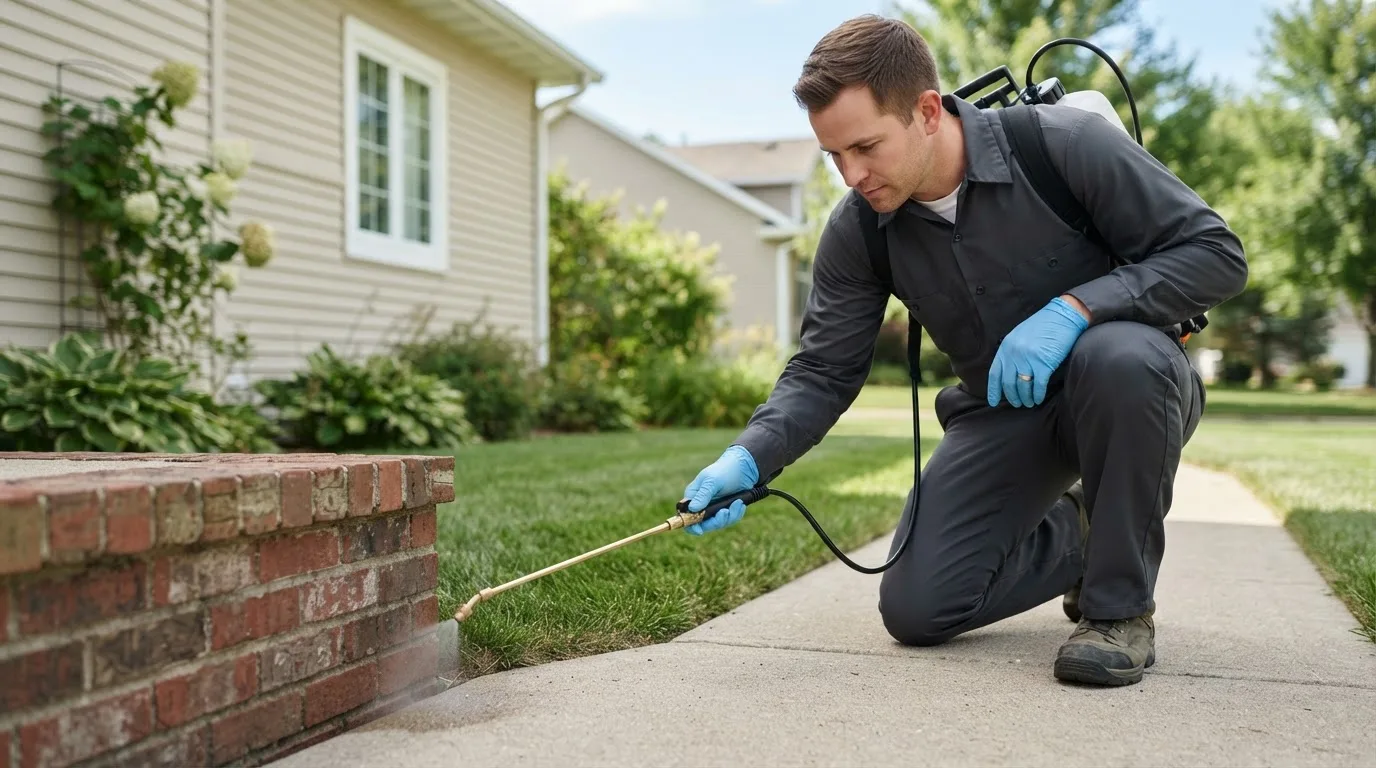 Pest control technician treating a home near York, ND